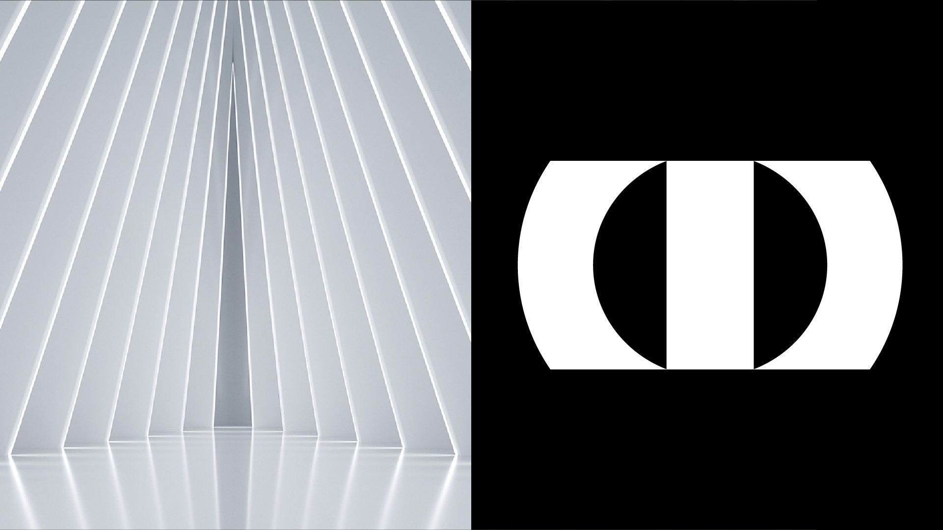 Abstract white architectural panels with vertical glowing light lines forming a symmetrical corridor.