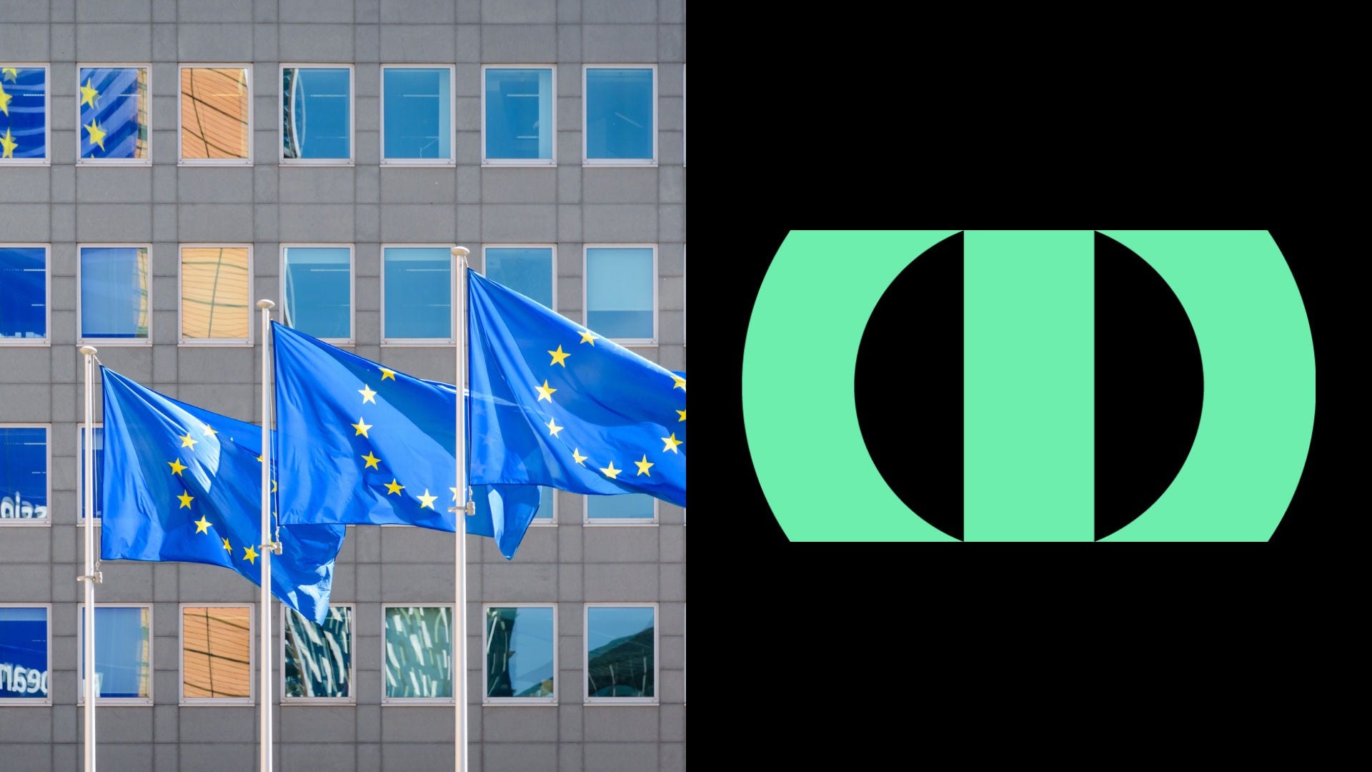 Composite image with multiple EU flags in front of an office building on one side and the OneTrust logogram on the other.