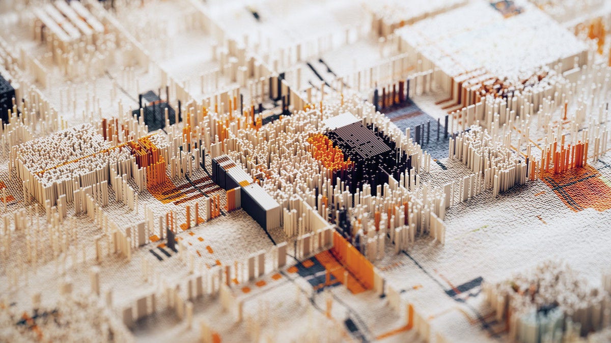 I’m checking the image visually so the alt text accurately describes its visible content.  Abstract 3D data city made of white, orange, and black vertical bars arranged in a dense grid.