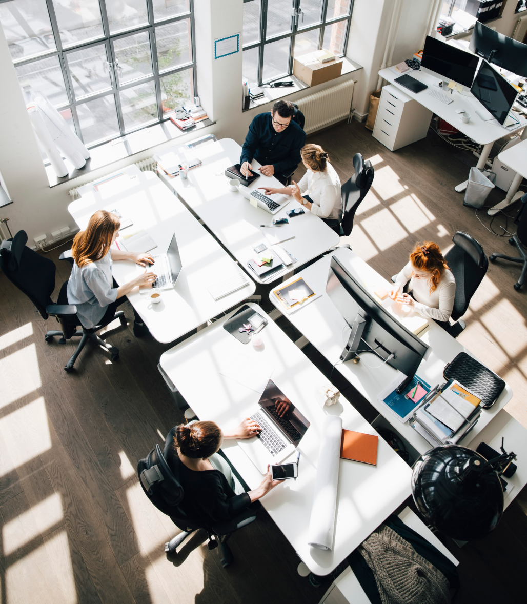 Aerial view of colleagues at desks in an office